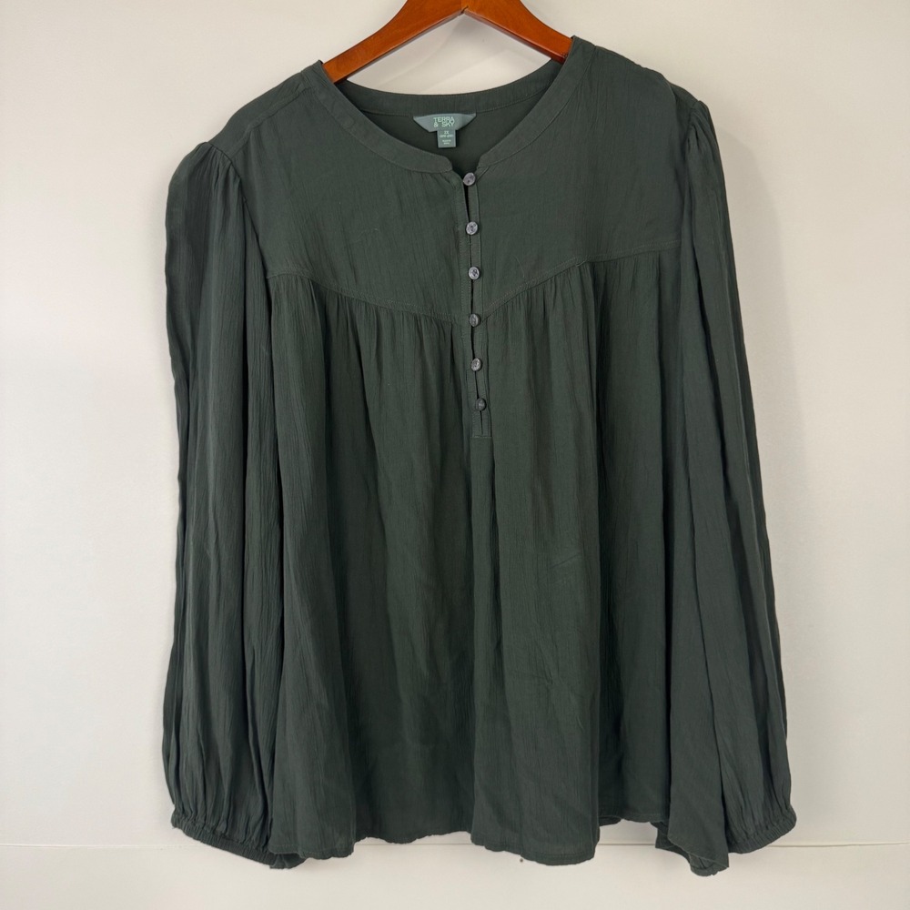NWT Terra & Sky Peasant Blouse Women 2X Green Dark Aloe Henley Boho Flowy Top